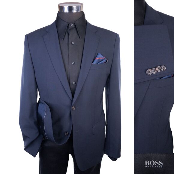 BOSS Hugo Boss JAM75 Blazer Sport Coat Jacket Men’s 38R Solid Blue Wool 2-Button - Picture 1 of 16